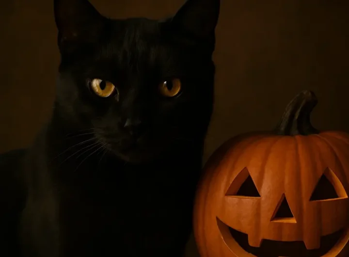 gatto nero seduto su una zucca intagliata di Halloween con sfondo sfocato