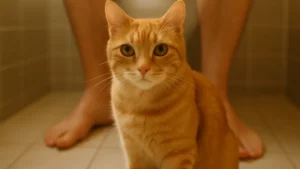 gatto rosso seduto su tappetino in bagno vicino a piedi di persona