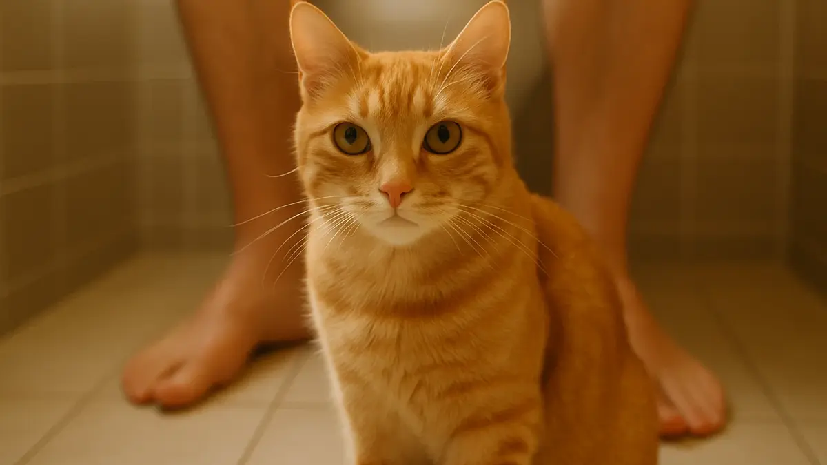gatto rosso seduto su tappetino in bagno vicino a piedi di persona