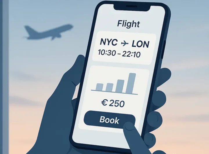 mano che prenota biglietto aereo su smartphone di mattina presto