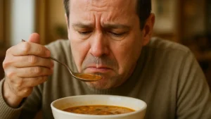 persona seduta a un tavolo mentre sta per portare alla bocca un cucchiaio di zuppa