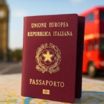 rimo piano di un passaporto italiano con Tower Bridge sullo sfondo