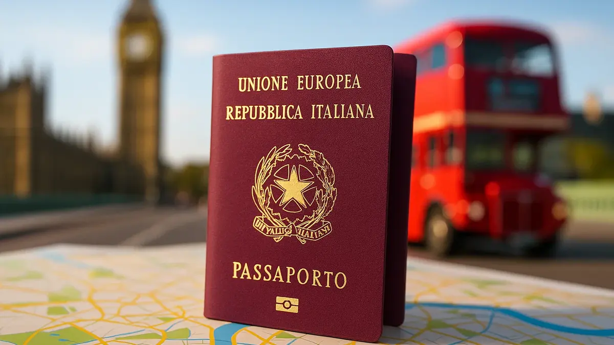 rimo piano di un passaporto italiano con Tower Bridge sullo sfondo