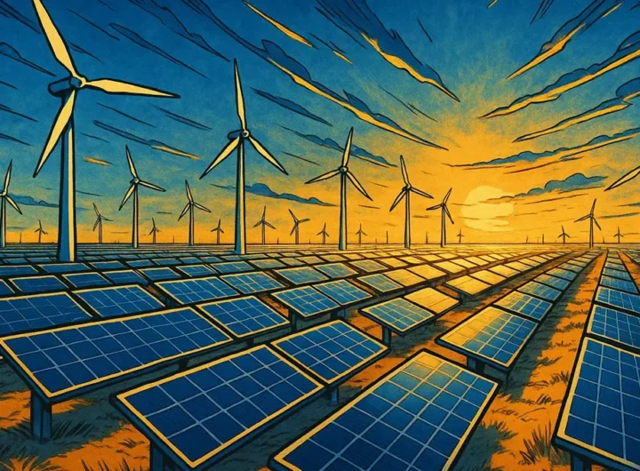 Campo di pannelli solari e turbine eoliche illuminati dal sole al tramonto