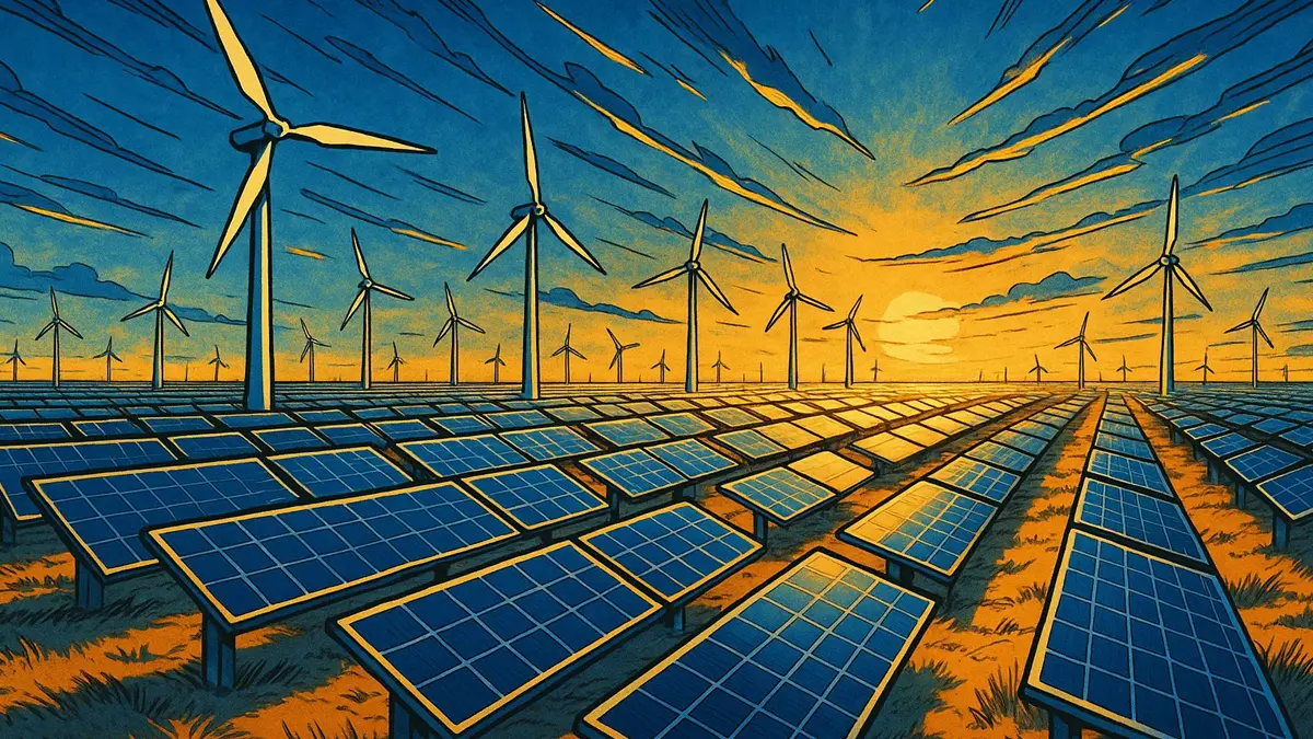 Campo di pannelli solari e turbine eoliche illuminati dal sole al tramonto