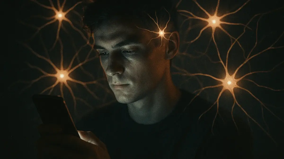 Cervello umano con icone social e scintille di dopamina