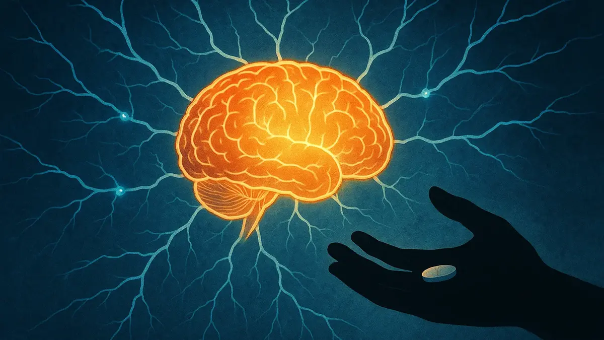 Cervello umano illuminato da luce blu con pillole fluttuanti intorno