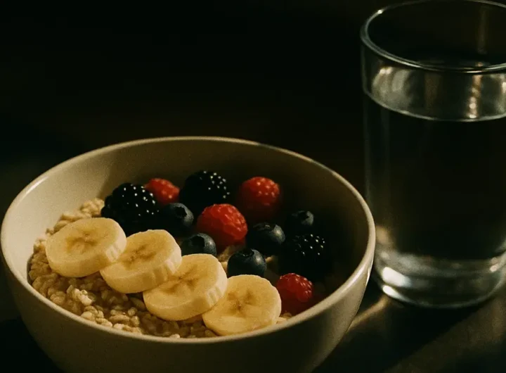 Ciotola di fiocchi avena con banana e frutti di bosco