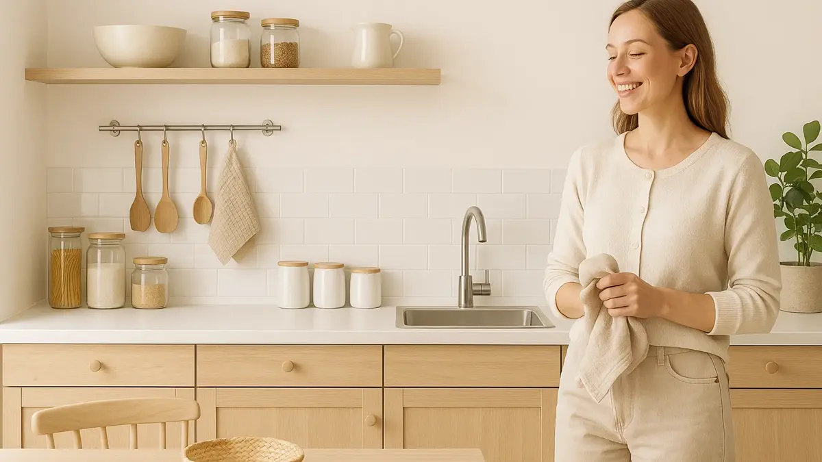 Donna felice che sistema con facilità libri su uno scaffale minimalista