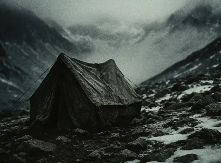 Foto realistica e drammatica di una tenda da campeggio