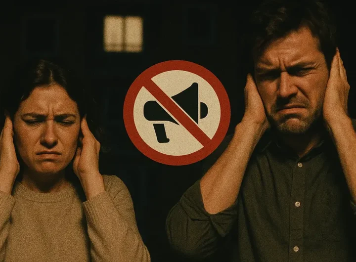 Icona di megafono rosso con segnale di divieto su sfondo di condominio notturno