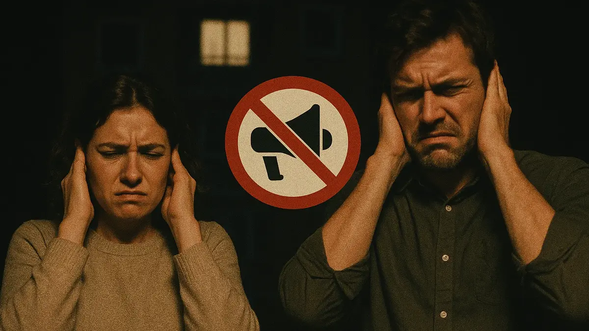 Icona di megafono rosso con segnale di divieto su sfondo di condominio notturno