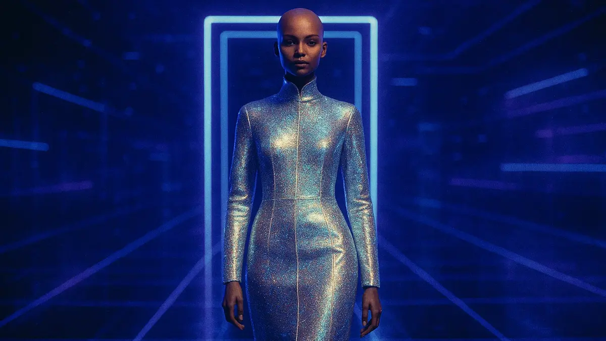 Modella virtuale che indossa un abito digitale futuristico