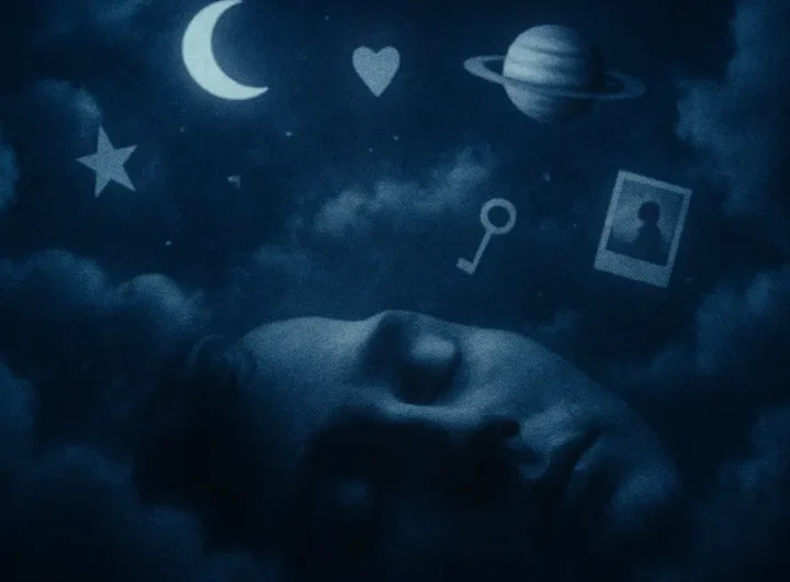 Persona addormentata con onde cerebrali luminose e paesaggi onirici