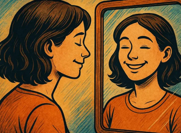 Persona riflessa in uno specchio che sorride