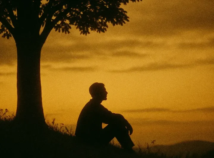 Persona rilassata su un prato al tramonto