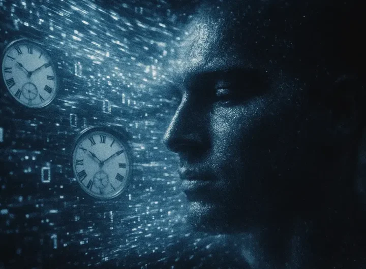 Persona seduta davanti a uno schermo con un orologio digitale