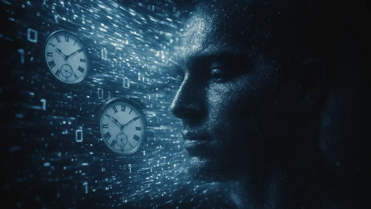 Persona seduta davanti a uno schermo con un orologio digitale