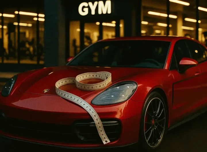 Porsche Panamera usata parcheggiata di fronte a una moderna palestra