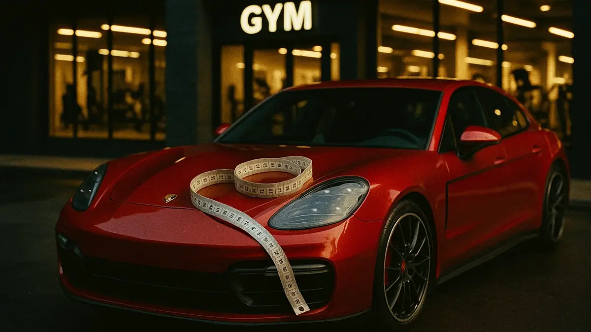 Porsche Panamera usata parcheggiata di fronte a una moderna palestra