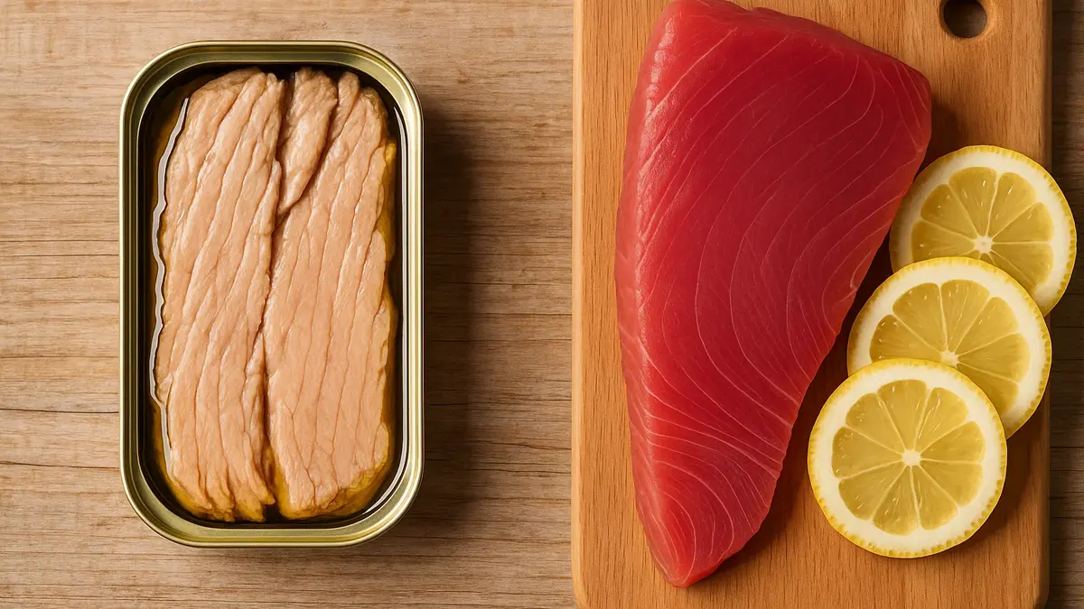 Primo piano di un trancio di tonno pinna gialla in scatola in olio EVO