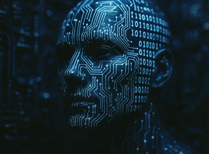 Rappresentazione futuristica di un volto umano metà reale e metà digitale