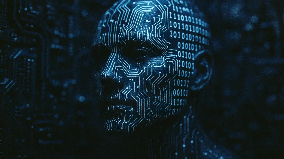 Rappresentazione futuristica di un volto umano metà reale e metà digitale