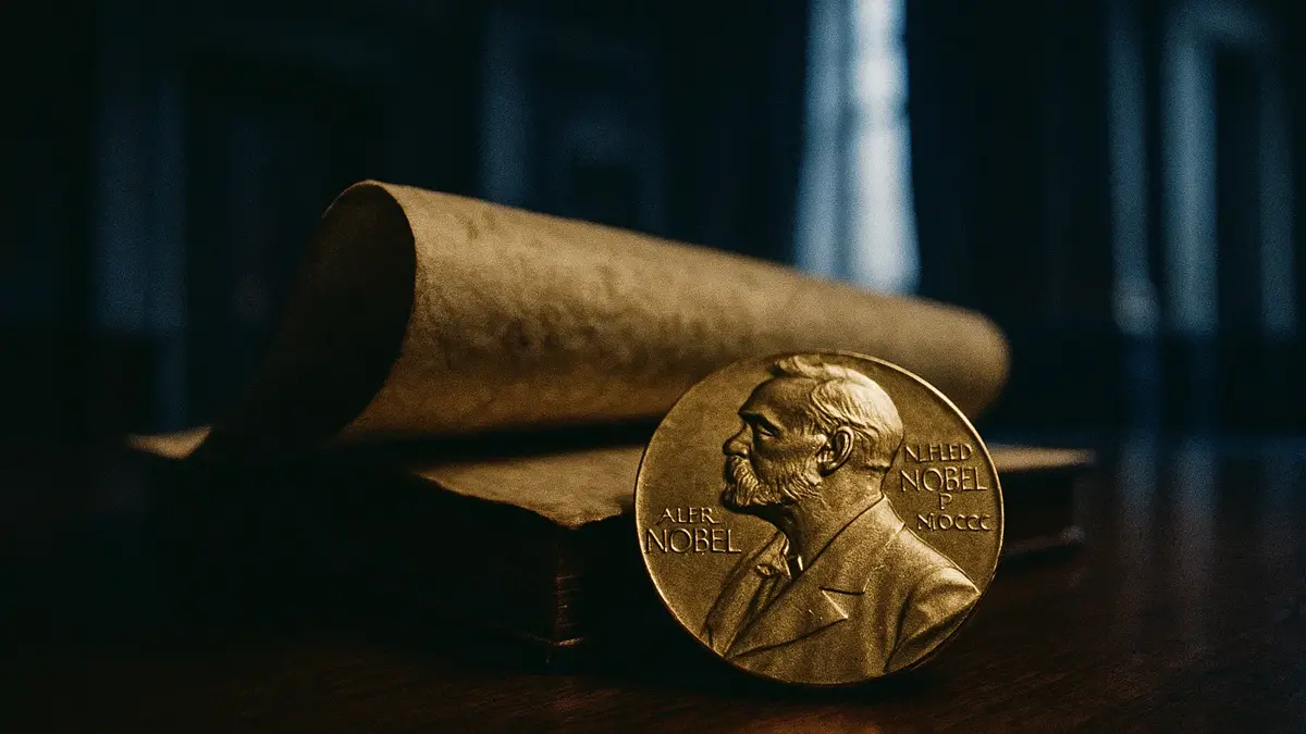 Statuetta del Nobel per la Pace ad Oslo con il Parlamento Norvegese sullo sfondo