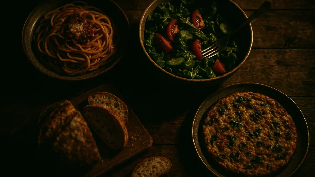 Tavola con piatti casalinghi colorati e semplici ricette per cena