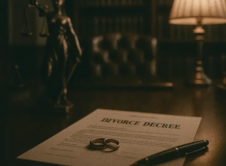 Un avvocato divorzista seduto in studio mostra un contratto prematrimoniale