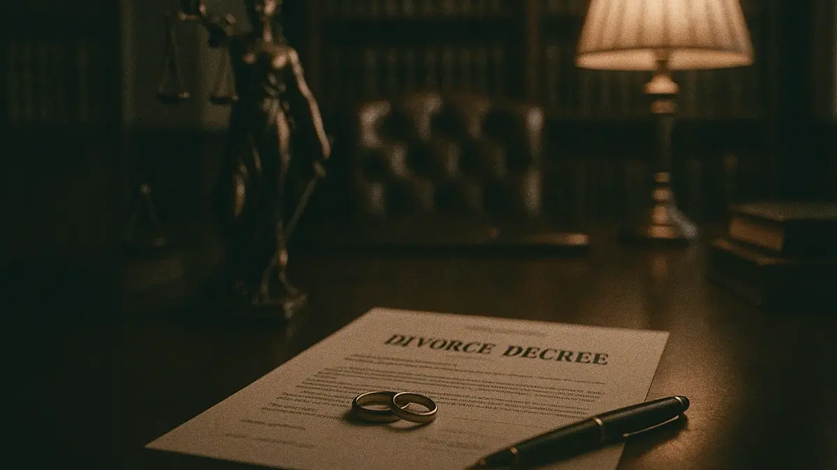 Un avvocato divorzista seduto in studio mostra un contratto prematrimoniale