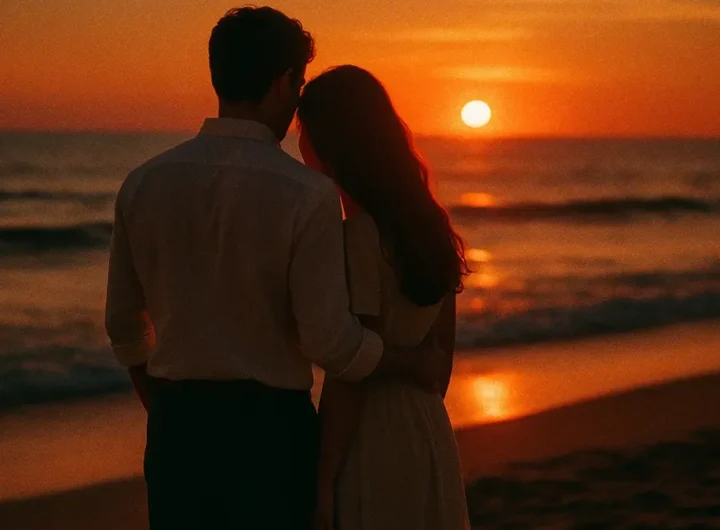 Una coppia felice si tiene per mano al tramonto sulla spiaggia