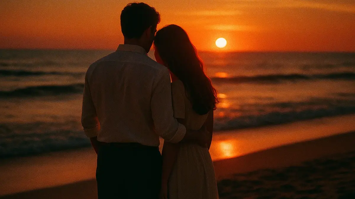 Una coppia felice si tiene per mano al tramonto sulla spiaggia