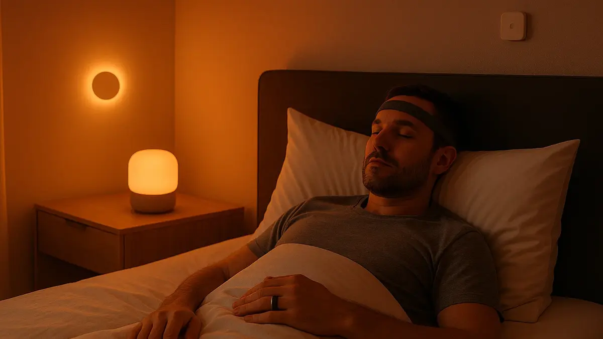 Uomo sdraiato in una camera da letto futuristica e scura