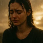 ritratto delicato di una donna che piange sotto la pioggia