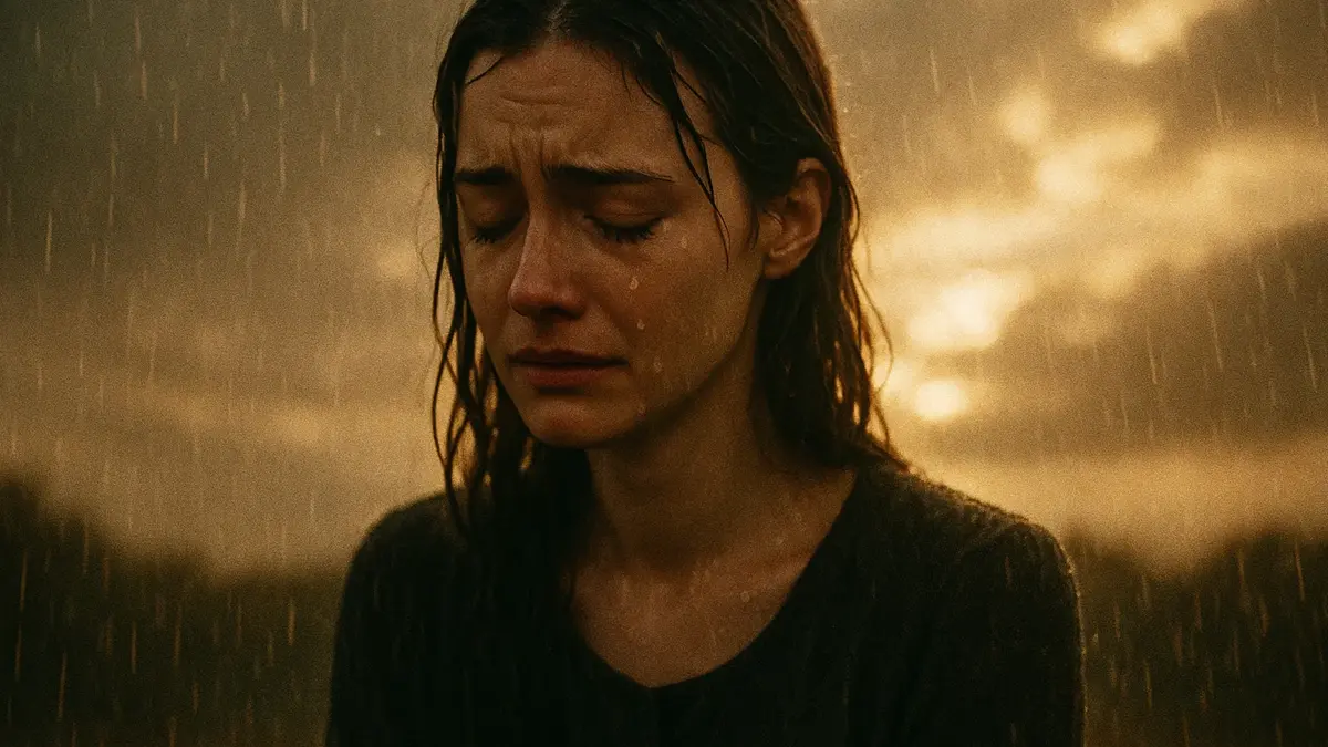 ritratto delicato di una donna che piange sotto la pioggia