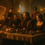 scena medievale vivace con nobili a tavola