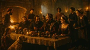 scena medievale vivace con nobili a tavola