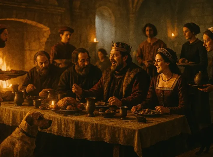 scena medievale vivace con nobili a tavola