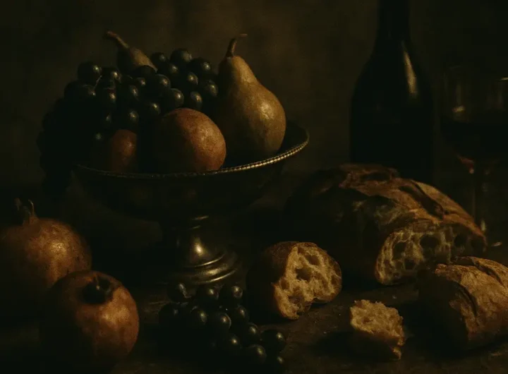 tavola antica con alimenti tipici delle prime diete storiche