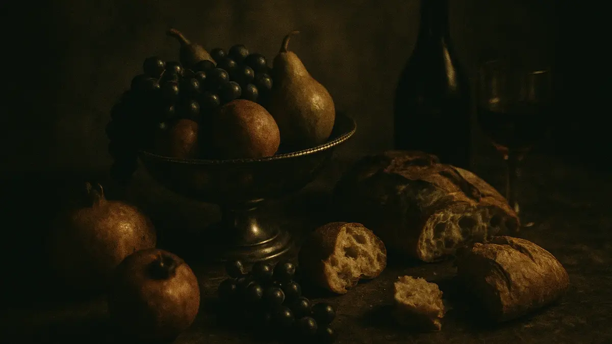 tavola antica con alimenti tipici delle prime diete storiche