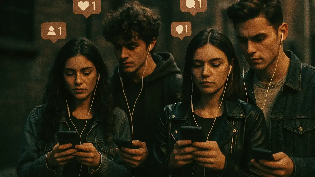 un gruppo di ragazzi in un ambiente urbano con smartphone e auricolari