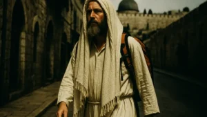 un turista vestito da profeta cammina tra le strade antiche di Gerusalemme