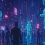 una città virtuale futuristica illuminata da luci blu e viola