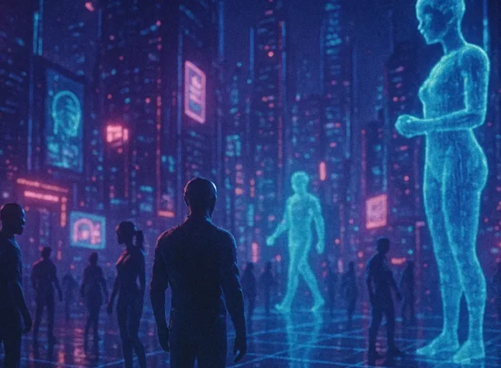 una città virtuale futuristica illuminata da luci blu e viola