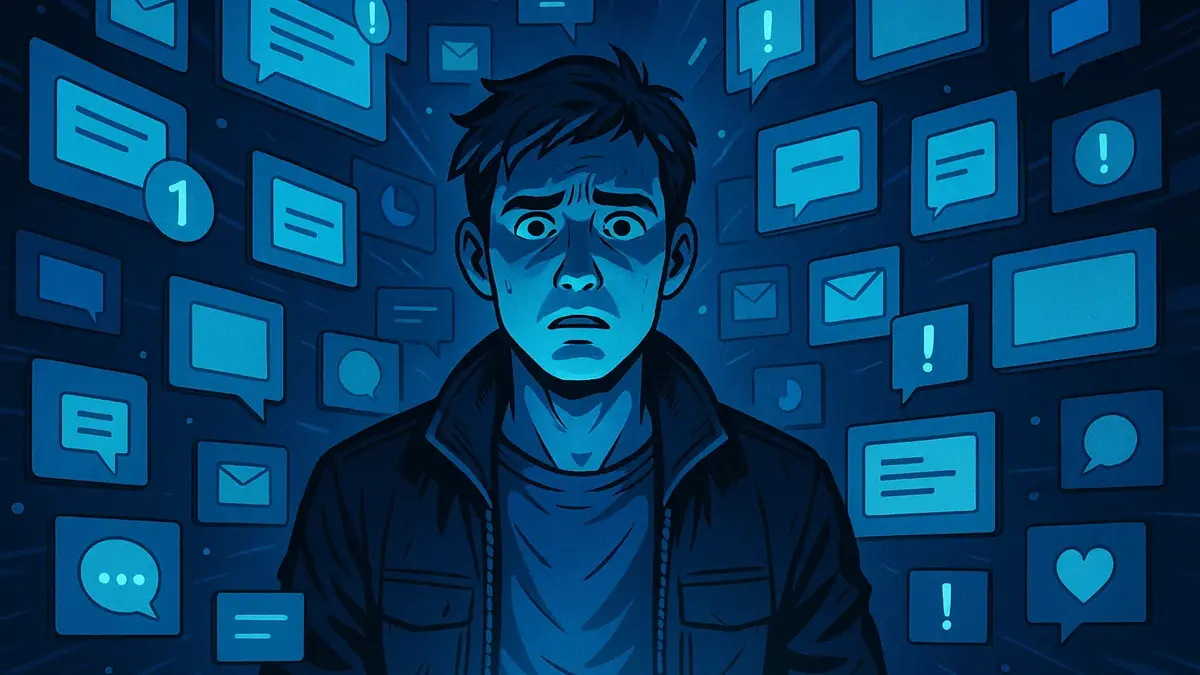 una persona circondata da flussi di notifiche e schermi fluttuanti